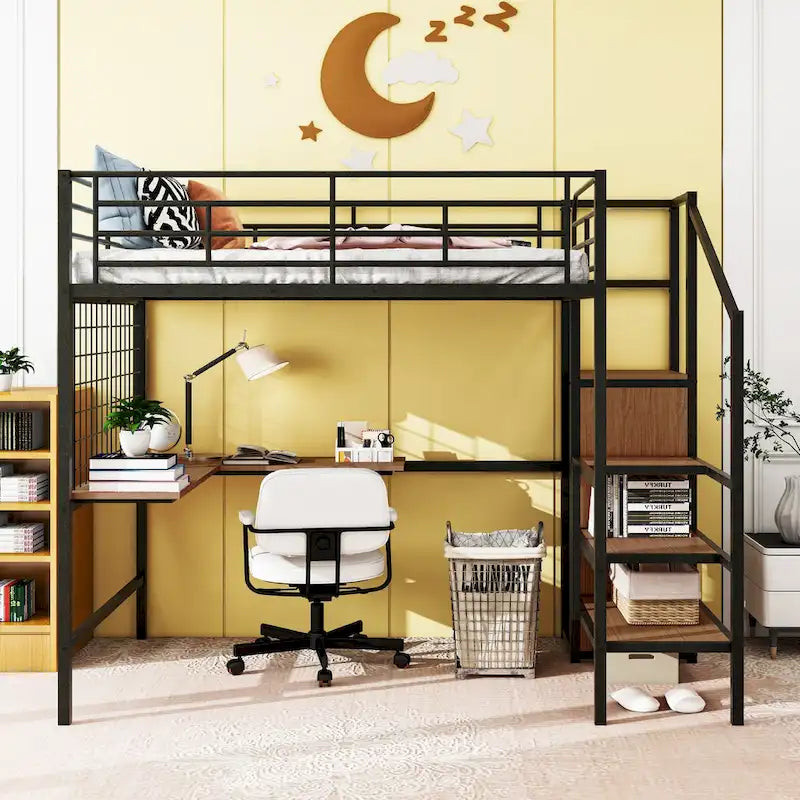 Cama alta de metal de tamaño completo con escritorio y, elegante estructura de metal con escalera de almacenamiento lateral y armario, negra