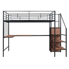 Cama alta de metal de tamaño completo con escritorio y, elegante estructura de metal con escalera de almacenamiento lateral y armario, negra