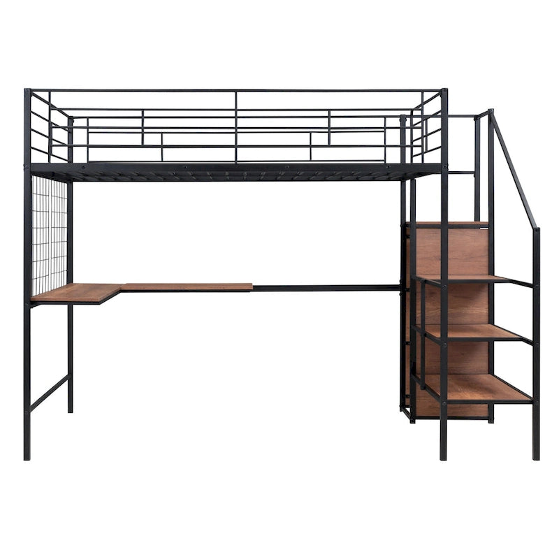 Cama alta de metal de tamaño completo con escritorio y, elegante estructura de metal con escalera de almacenamiento lateral y armario, negra