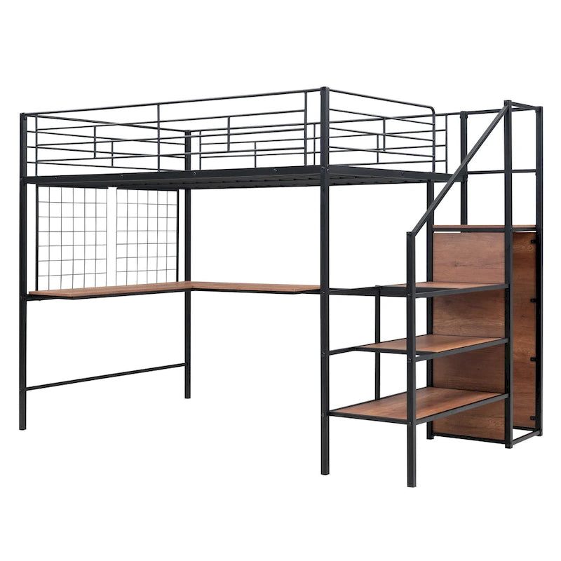 Cama alta de metal de tamaño completo con escritorio y, elegante estructura de metal con escalera de almacenamiento lateral y armario, negra