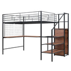 Cama alta de metal de tamaño completo con escritorio y, elegante estructura de metal con escalera de almacenamiento lateral y armario, negra