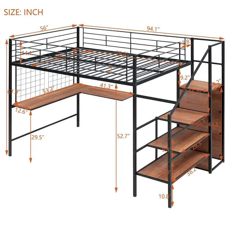 Cama alta de metal de tamaño completo con escritorio y, elegante estructura de metal con escalera de almacenamiento lateral y armario, negra