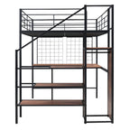 Cama alta de metal de tamaño completo con escritorio y, elegante estructura de metal con escalera de almacenamiento lateral y armario, negra