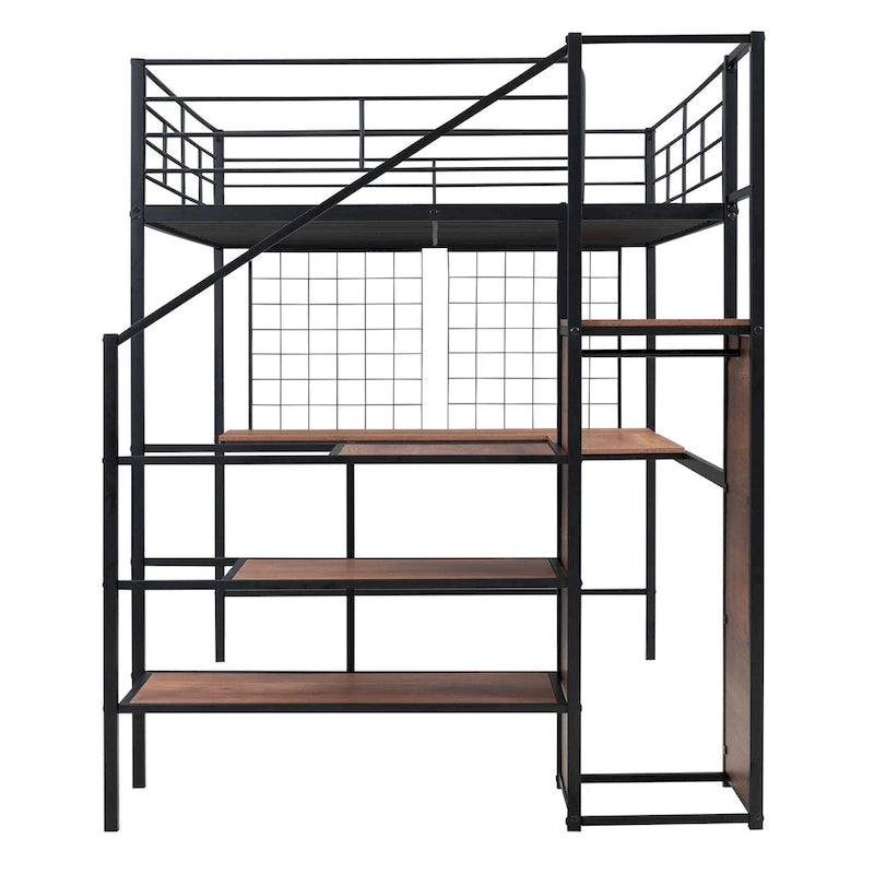 Cama alta de metal de tamaño completo con escritorio y, elegante estructura de metal con escalera de almacenamiento lateral y armario, negra