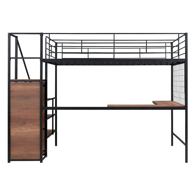 Cama alta de metal de tamaño completo con escritorio y, elegante estructura de metal con escalera de almacenamiento lateral y armario, negra