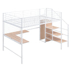 Cama alta de metal de tamaño completo con escritorio y, elegante estructura de metal con escalera de almacenamiento lateral y armario, negra