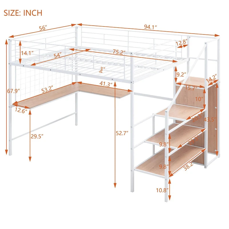 Cama alta de metal de tamaño completo con escritorio y, elegante estructura de metal con escalera de almacenamiento lateral y armario, negra