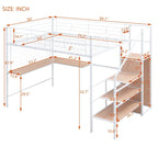 Cama alta de metal de tamaño completo con escritorio y, elegante estructura de metal con escalera de almacenamiento lateral y armario, negra