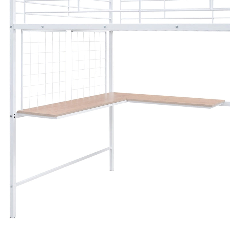 Cama alta de metal de tamaño completo con escritorio y, elegante estructura de metal con escalera de almacenamiento lateral y armario, negra
