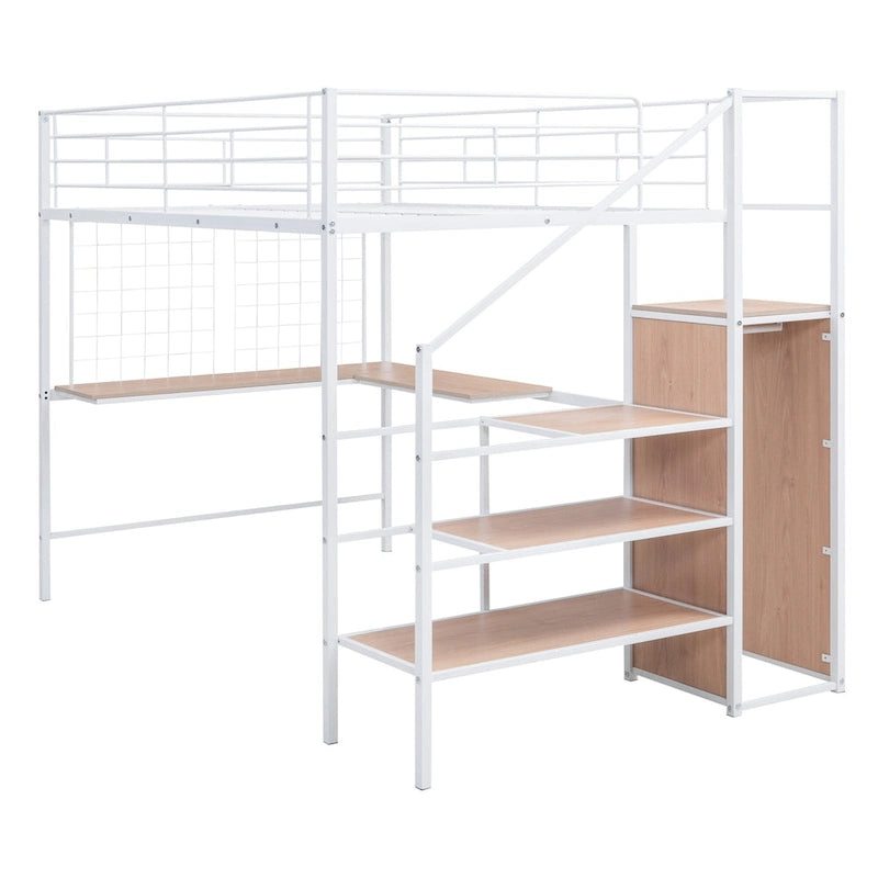 Cama alta de metal de tamaño completo con escritorio y, elegante estructura de metal con escalera de almacenamiento lateral y armario, negra