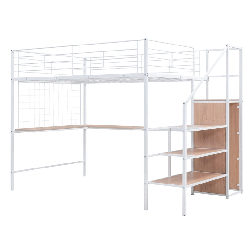 Cama alta de metal de tamaño completo con escritorio y, elegante estructura de metal con escalera de almacenamiento lateral y armario, negra