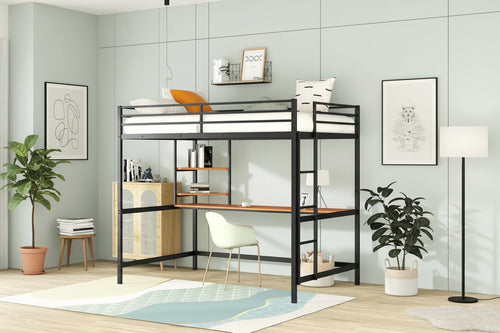 Full Metal Loft Bed with Desk and Shelve, Black