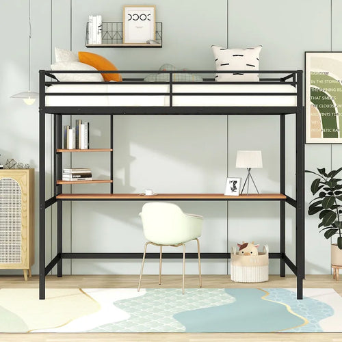 Cama alta de metal con escritorio y estante, negra