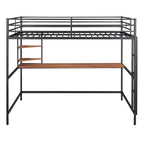 Cama alta de metal con escritorio y estante, negra
