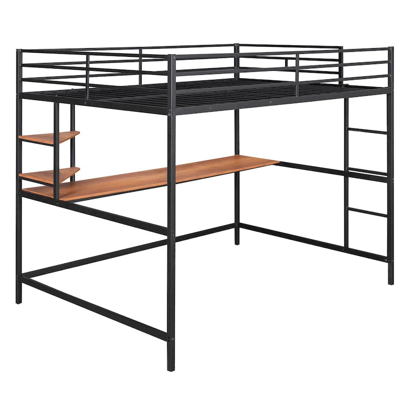 Cama alta de metal con escritorio y estante, negra