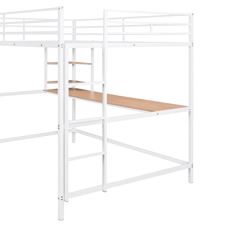 Cama alta de metal con escritorio y estante, negra