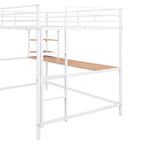 Cama alta de metal con escritorio y estante, negra