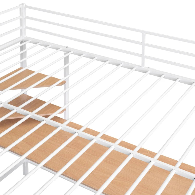 Cama alta de metal con escritorio y estante, negra