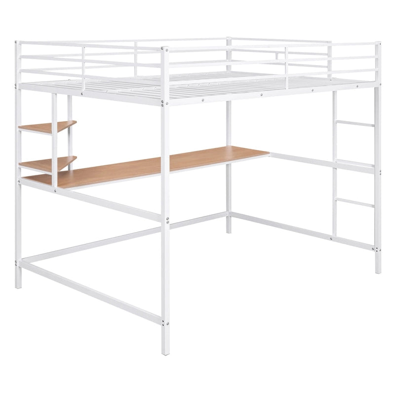 Cama alta de metal con escritorio y estante, negra
