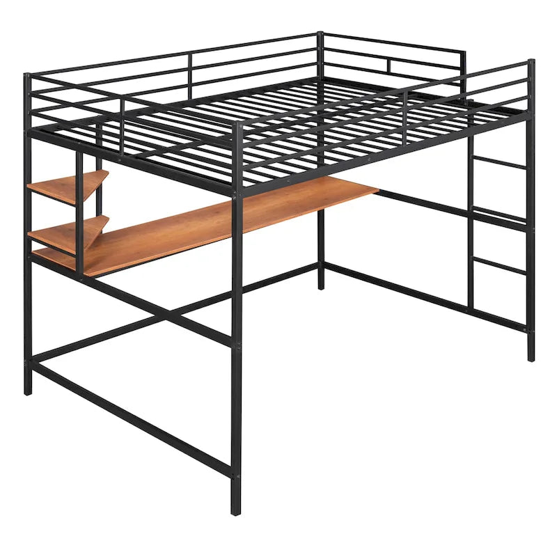 Cama alta de metal con escritorio y estante, negra