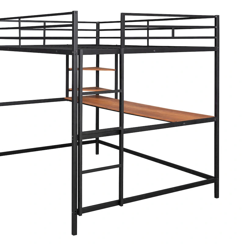 Cama alta de metal con escritorio y estante, negra