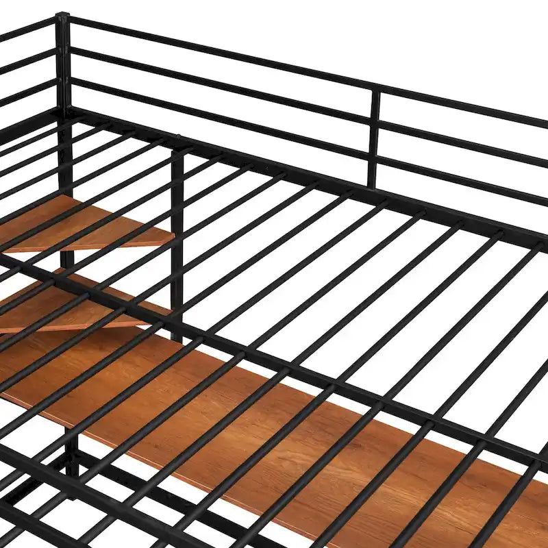 Cama alta de metal con escritorio y estante, negra