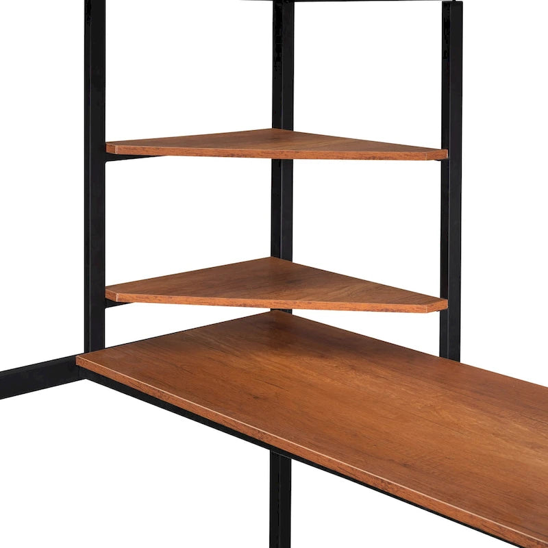 Cama alta de metal con escritorio y estante, negra