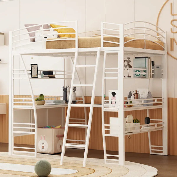 Full Size Loft Bed with 4 Layers of Shelves and L-shaped Desk, Stylish Metal Frame Bed USB Ports and Wireless Charging, White