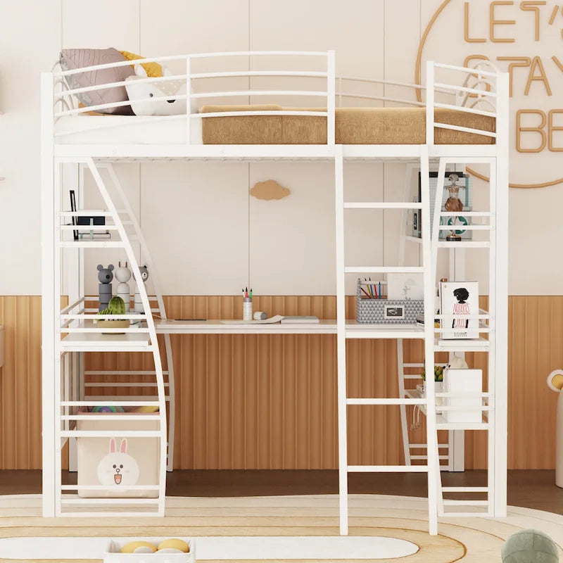 Cama alta de tamaño completo con 4 capas de estantes y escritorio en forma de L, elegante cama con estructura de metal, puertos USB y carga inalámbrica, color blanco