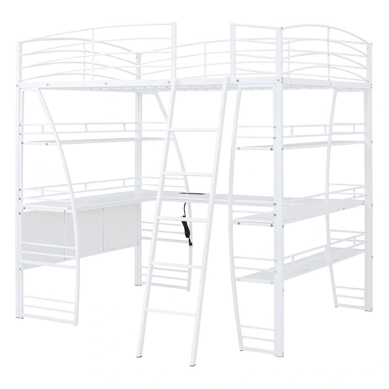 Cama alta de tamaño completo con 4 capas de estantes y escritorio en forma de L, elegante cama con estructura de metal, puertos USB y carga inalámbrica, color blanco