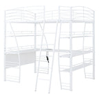 Cama alta de tamaño completo con 4 capas de estantes y escritorio en forma de L, elegante cama con estructura de metal, puertos USB y carga inalámbrica, color blanco