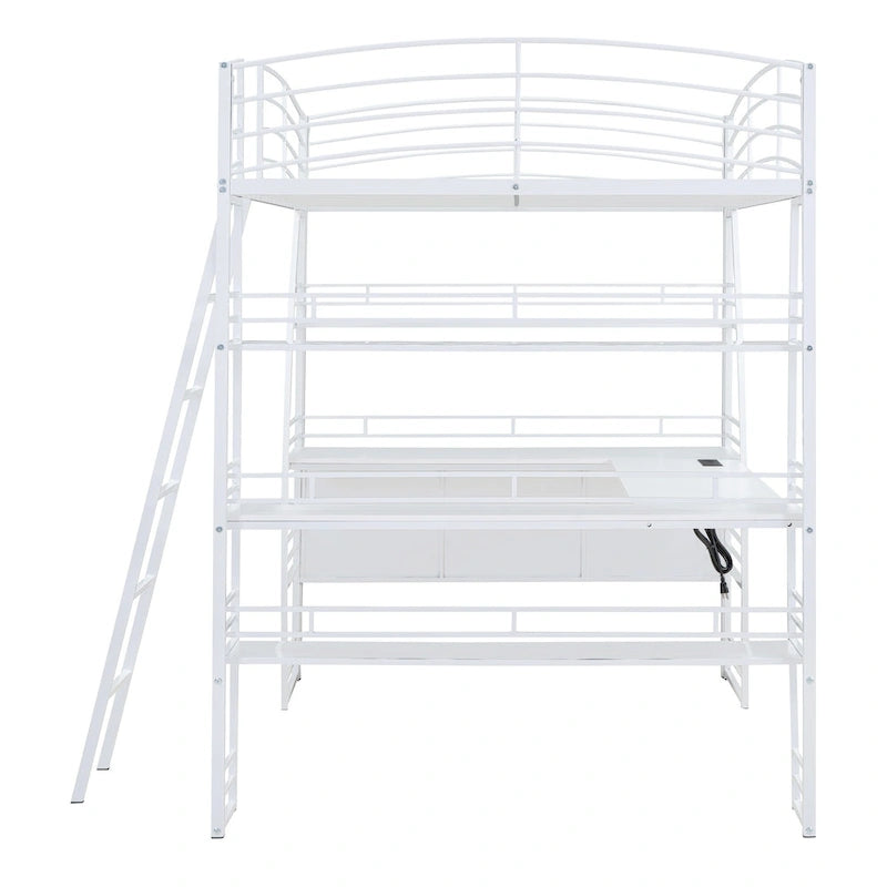 Cama alta de tamaño completo con 4 capas de estantes y escritorio en forma de L, elegante cama con estructura de metal, puertos USB y carga inalámbrica, color blanco
