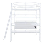 Cama alta de tamaño completo con 4 capas de estantes y escritorio en forma de L, elegante cama con estructura de metal, puertos USB y carga inalámbrica, color blanco