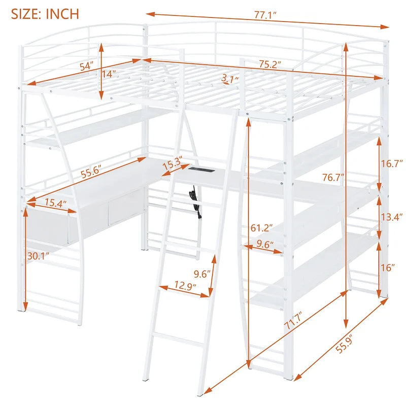 Cama alta de tamaño completo con 4 capas de estantes y escritorio en forma de L, elegante cama con estructura de metal, puertos USB y carga inalámbrica, color blanco