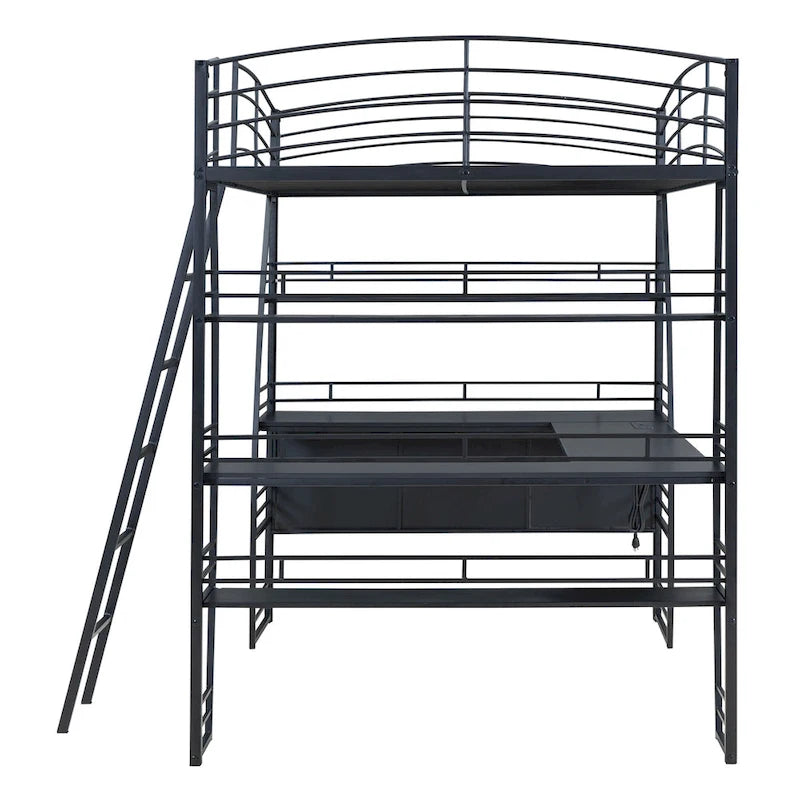 Cama alta de tamaño completo con 4 capas de estantes y escritorio en forma de L, elegante cama con estructura de metal, puertos USB y carga inalámbrica, color blanco