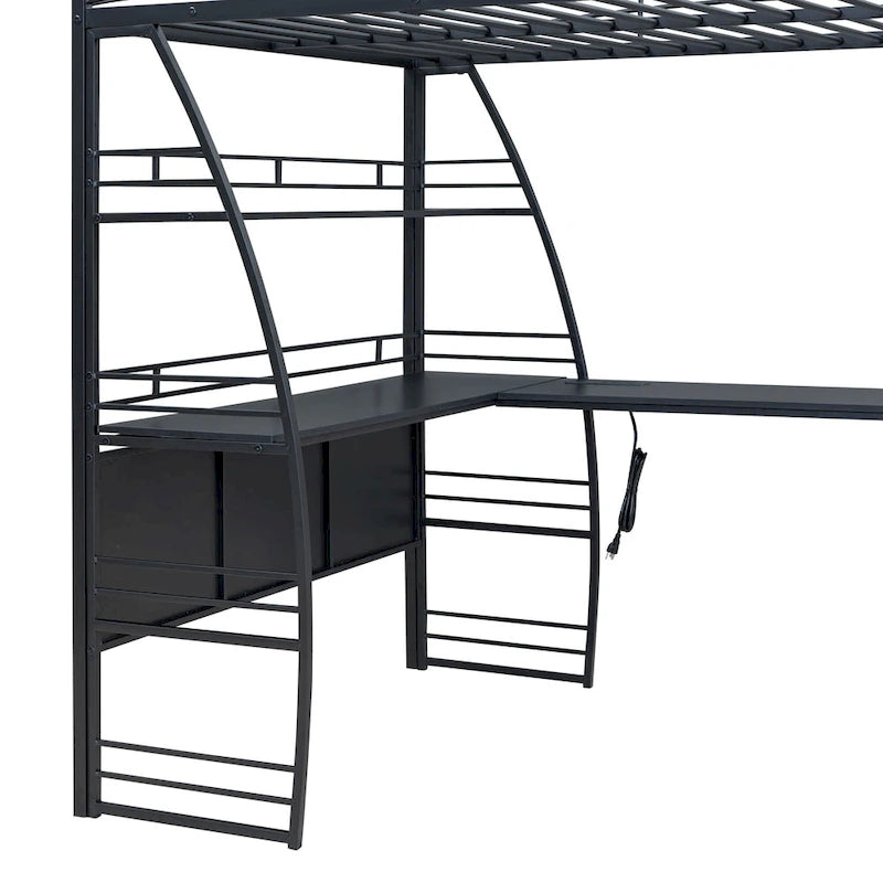 Cama alta de tamaño completo con 4 capas de estantes y escritorio en forma de L, elegante cama con estructura de metal, puertos USB y carga inalámbrica, color blanco
