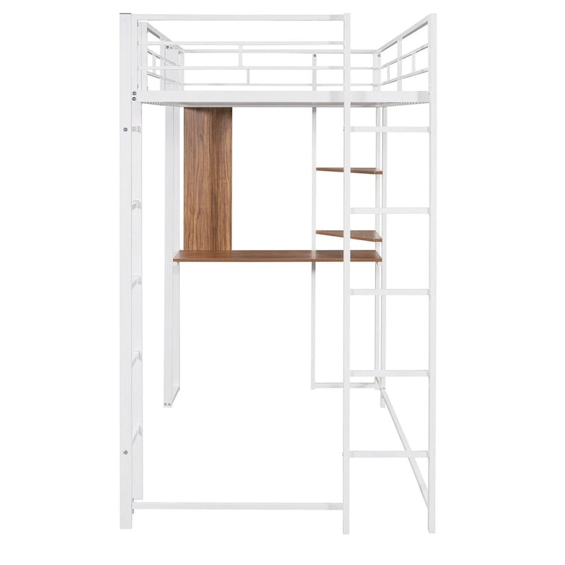 Cama alta metálica individual con escritorio y estantes