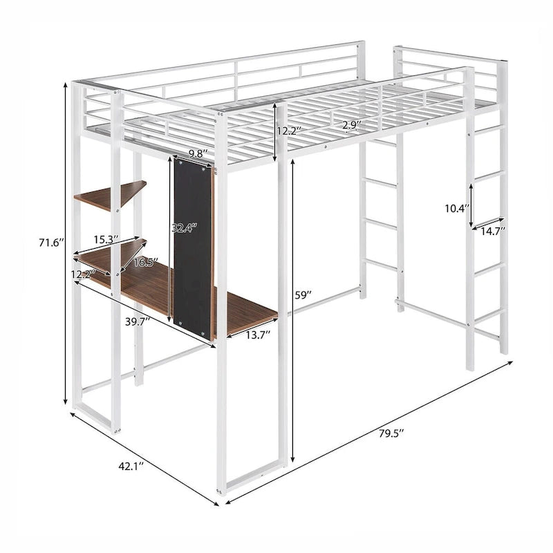 Cama alta metálica individual con escritorio y estantes