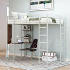 Cama alta metálica individual con escritorio y estantes