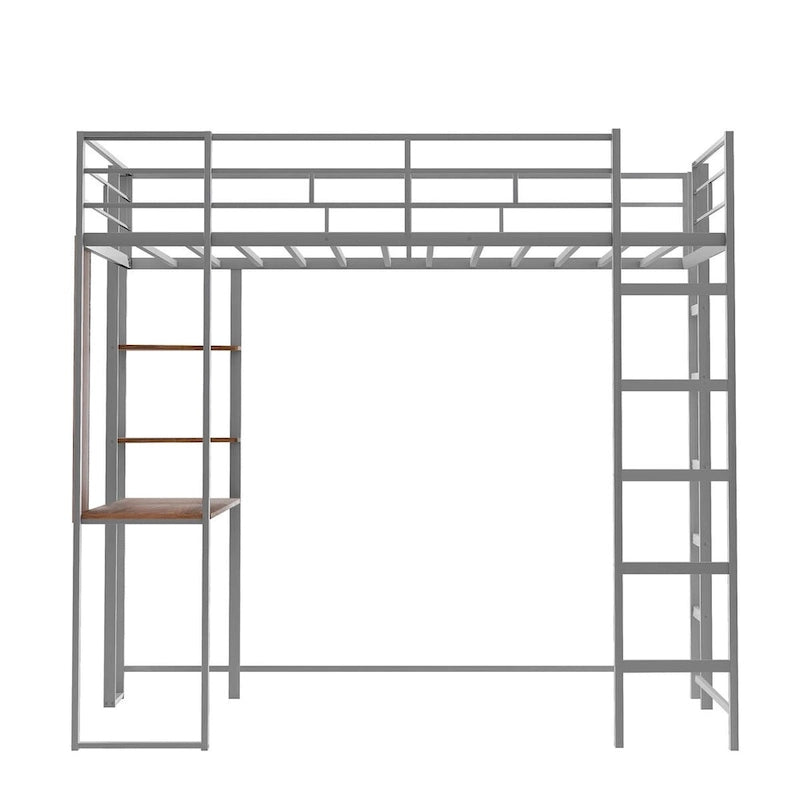 Cama alta metálica individual con escritorio y estantes
