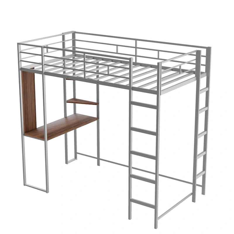 Cama alta metálica individual con escritorio y estantes