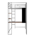 Cama alta metálica individual con escritorio y estantes