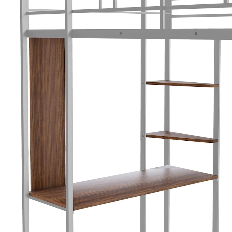 Cama alta metálica individual con escritorio y estantes
