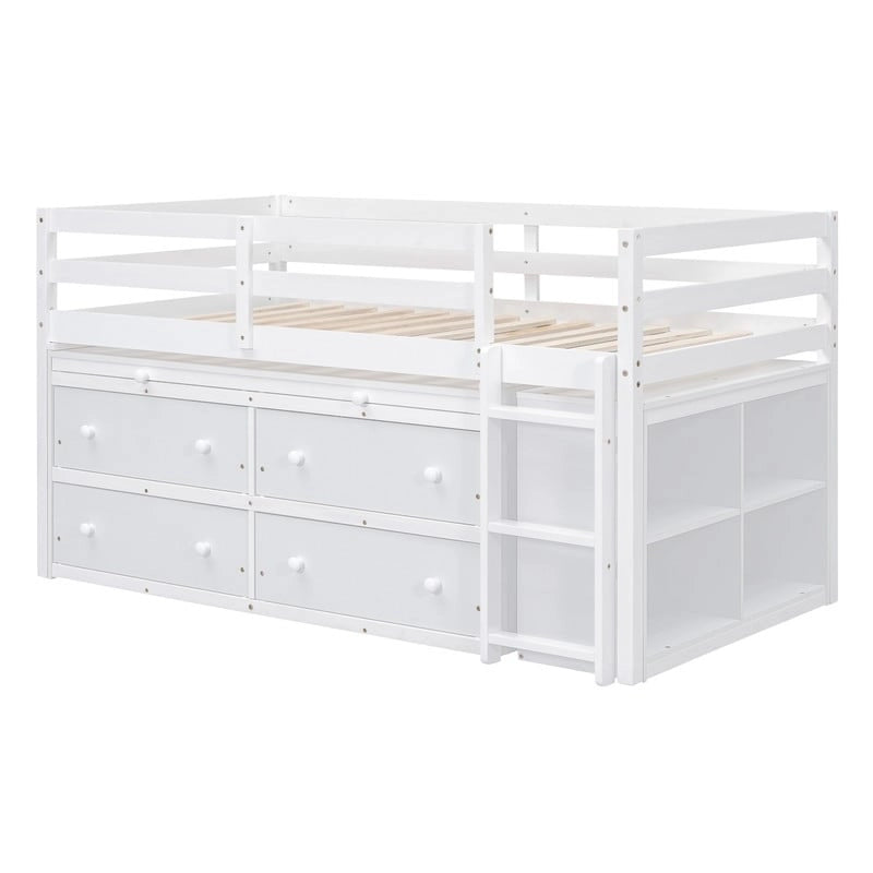 Twin/Full Size Low Loft Bed with Retractable Writing Desk and 4 Drawers, Wooden Loft Bedframe w/ Lateral Portable Desk & Shelves