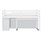 Cama alta baja individual/matrimonial con escritorio retráctil y 4 cajones, base de cama alta de madera con escritorio portátil lateral y estantes