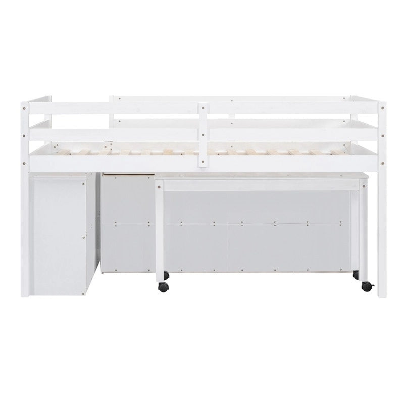 Cama alta baja individual/matrimonial con escritorio retráctil y 4 cajones, base de cama alta de madera con escritorio portátil lateral y estantes