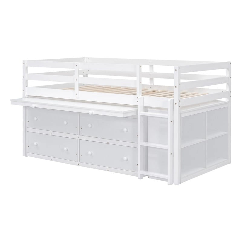 Cama alta baja individual/matrimonial con escritorio retráctil y 4 cajones, base de cama alta de madera con escritorio portátil lateral y estantes