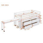 Cama alta baja individual/matrimonial con escritorio retráctil y 4 cajones, base de cama alta de madera con escritorio portátil lateral y estantes