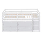 Cama alta baja individual/matrimonial con escritorio retráctil y 4 cajones, base de cama alta de madera con escritorio portátil lateral y estantes