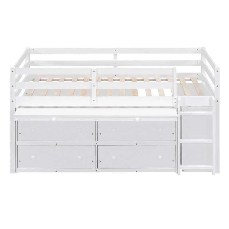 Cama alta baja individual/matrimonial con escritorio retráctil y 4 cajones, base de cama alta de madera con escritorio portátil lateral y estantes